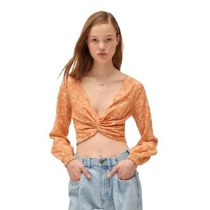 Urban Outfitters Sz M Deep Plunge Twist Front Crop Top Boho Cottag Floral Sexy‎